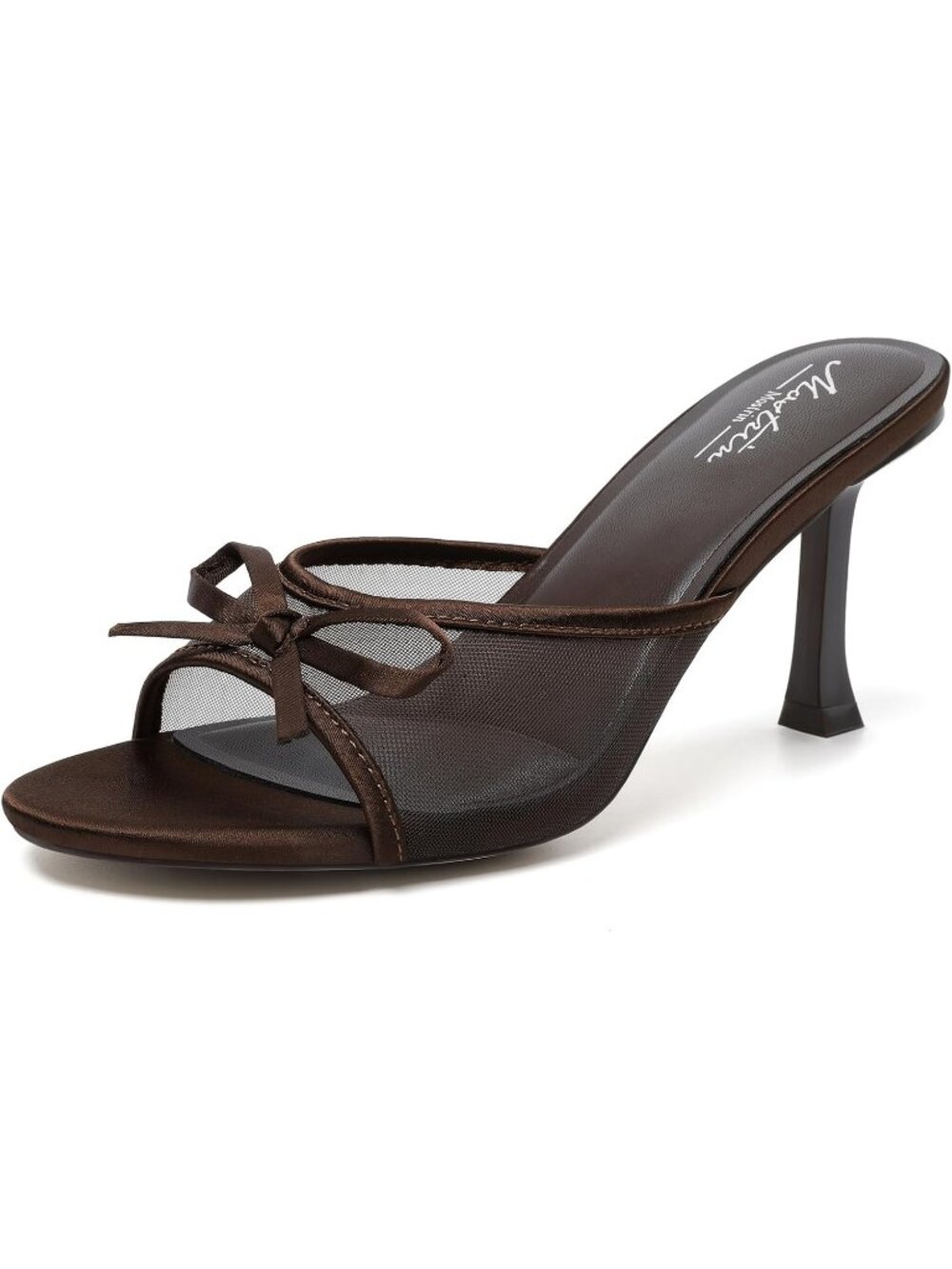 Women's Brown Round Toe Strapless Stiletto Kitten Heels Backless Party Sandals
